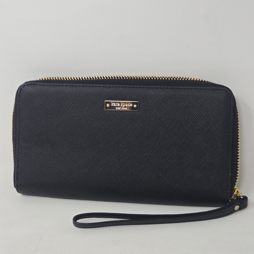 Kate‎ Spade New York Black Saffiano Leather Zip Around Wristlet Wallet Gold Logo